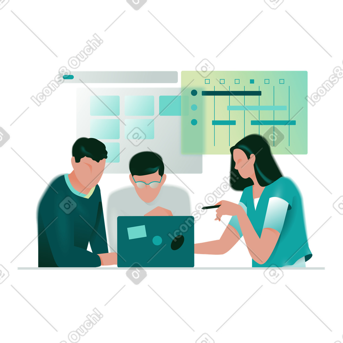 Team working on a project together animated illustration in Office style download in GIF, Lottie (JSON), AE