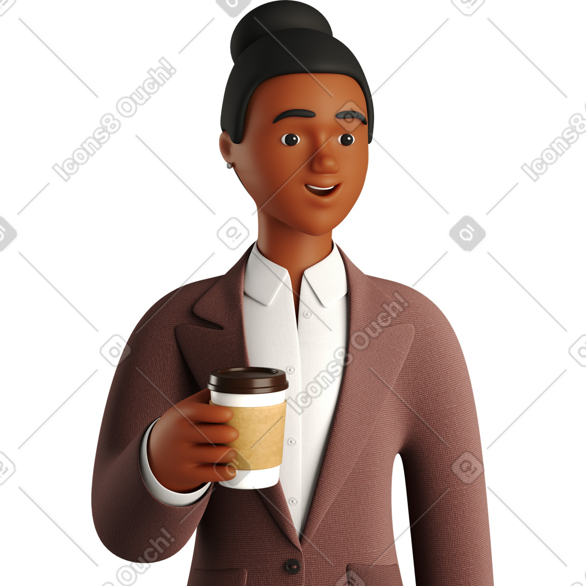 Black businesswoman in brown suit with paper coffee cup illustration 3D Business style download PNG, SVG