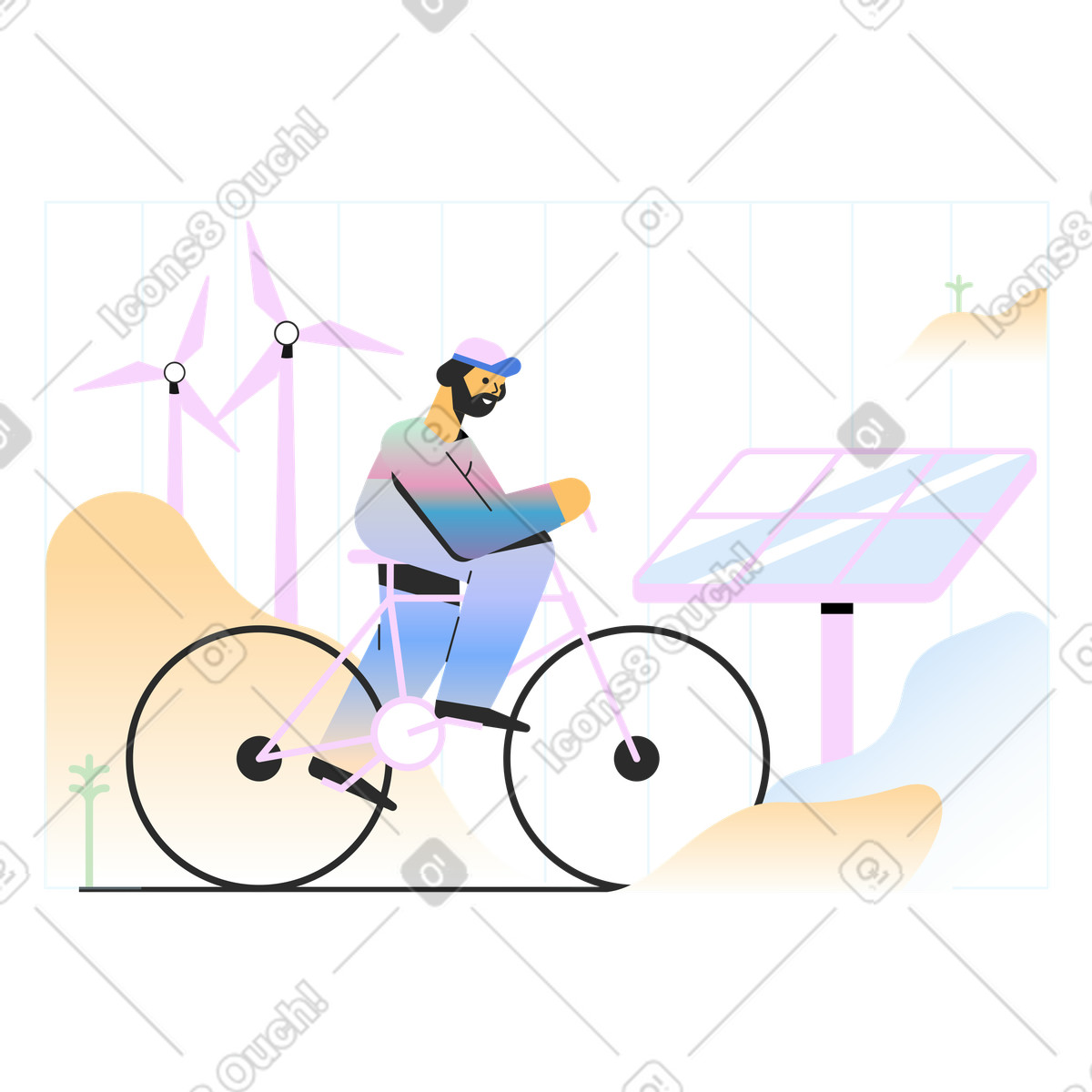 Renewable energies generated by solar panels and wind turbines illustration in Marginalia style download in PNG, SVG