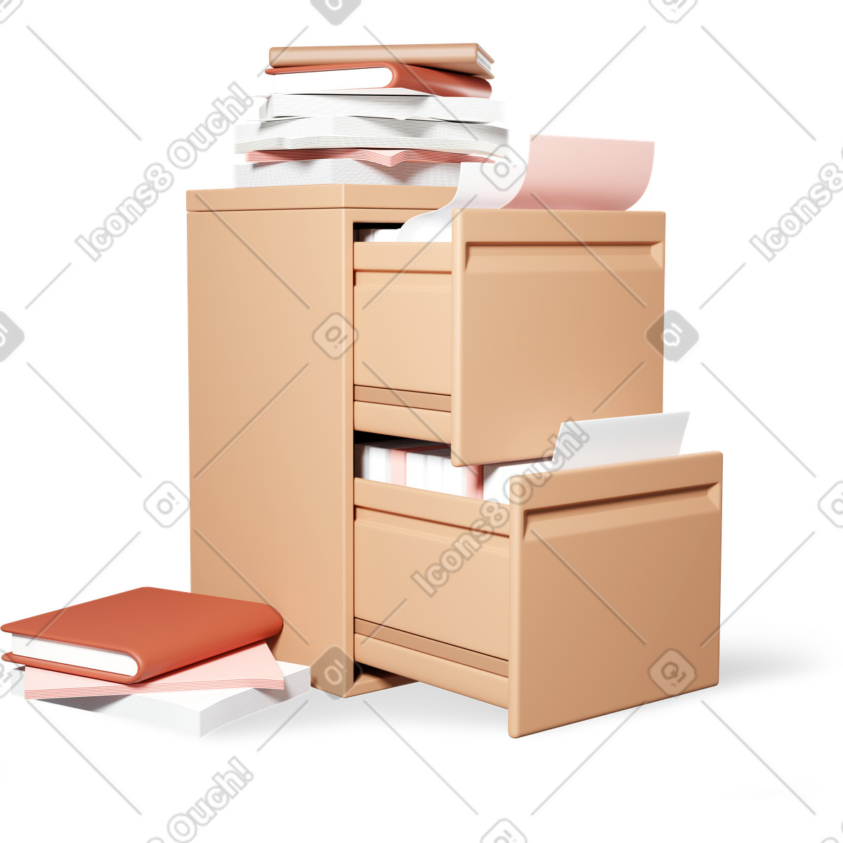Cassetto dell'ufficio con fogli di carta e cartelle illustrazione in stile 3D Plastic people scarica in PNG, SVG