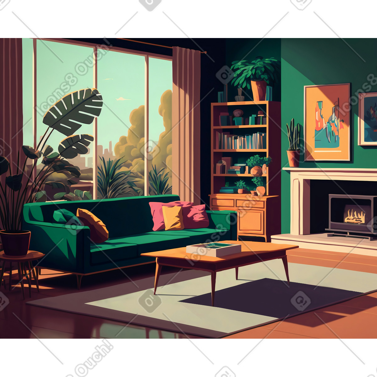 Living room with fireplace background illustration in Experimental style download in PNG, SVG