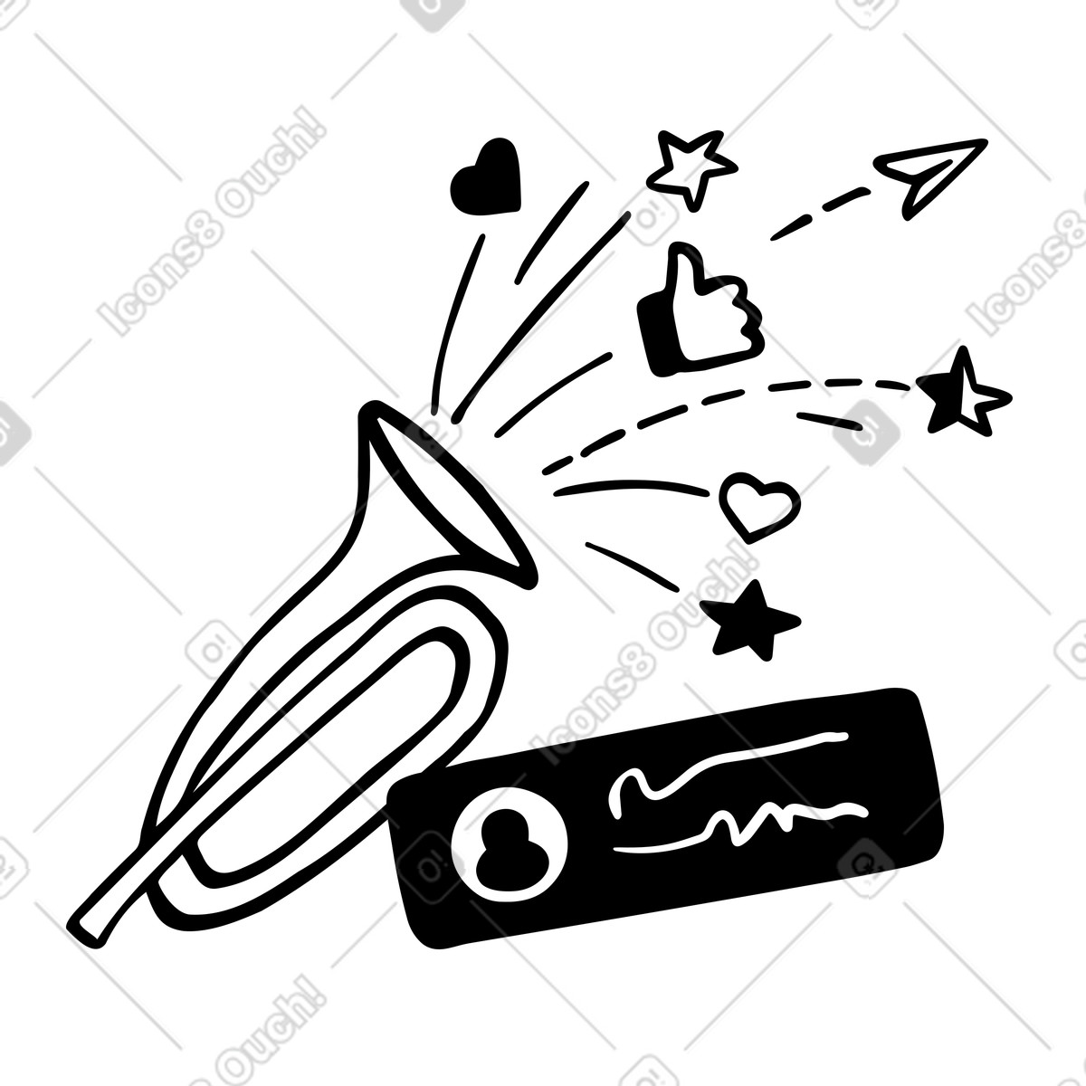 Illustration Revue et réactions positives avec trompette dans le style Journal à télécharger aux formats PNG, SVG