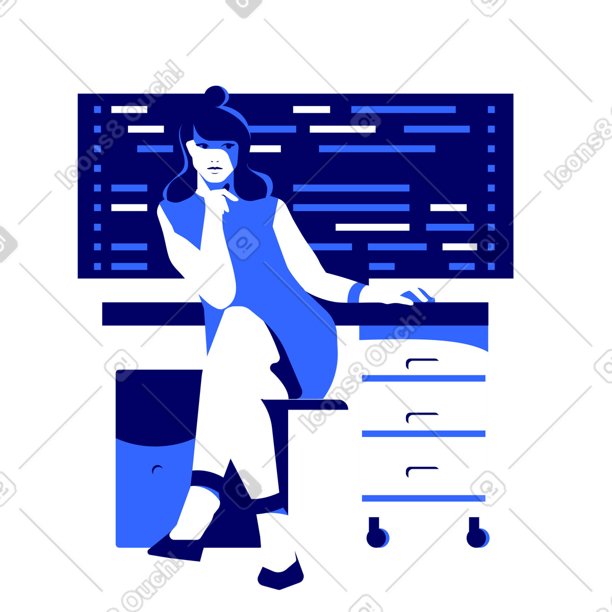 Premurosa signora d'affari al lavoro in ufficio illustrazione stile Lounge scarica PNG, SVG