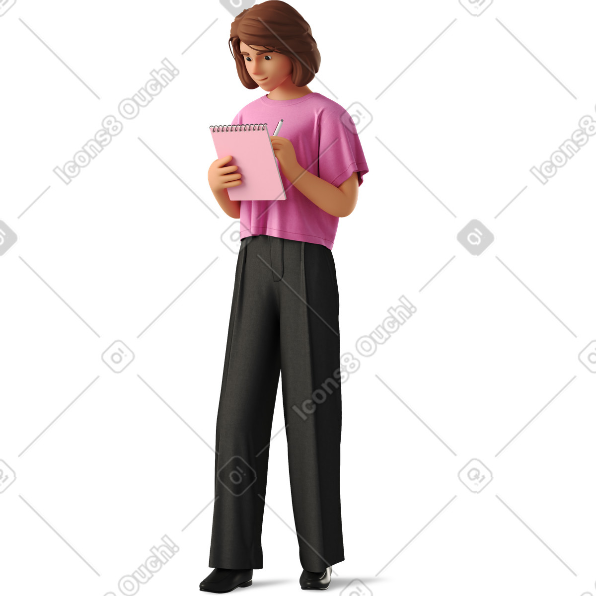3D Business スタイルの Young woman writing on a notepad のイラストをPNG、SVG形式でダウンロード