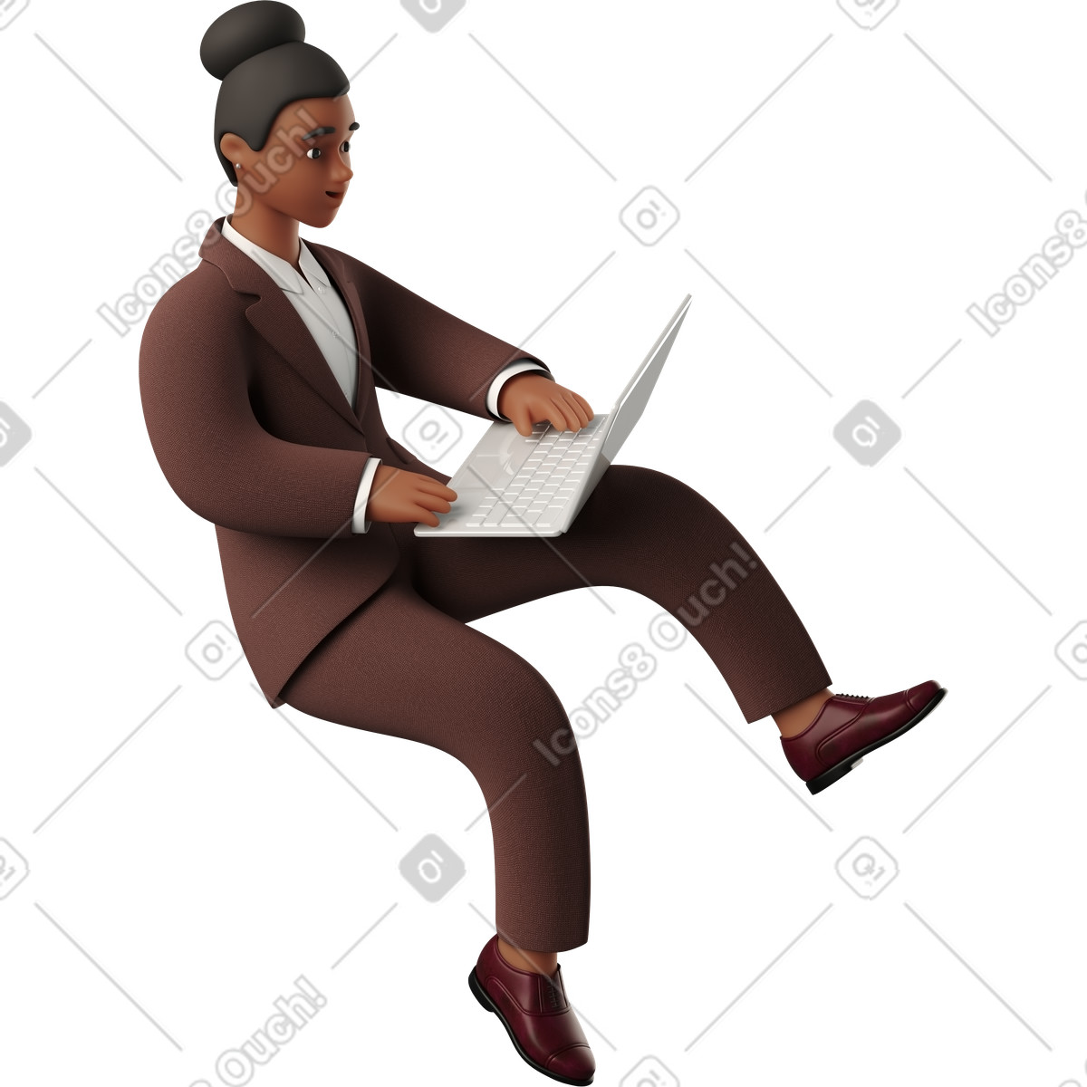 Seated black businesswoman working on laptop illustration in 3D Business style download in PNG, SVG