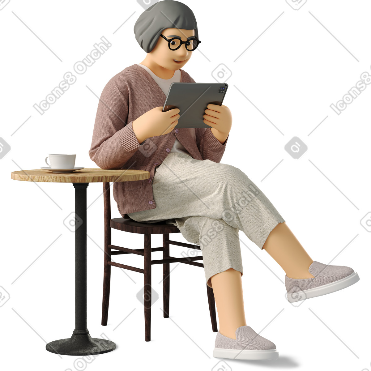 Elderly woman working with tablet illustration showcasing technology in clipart