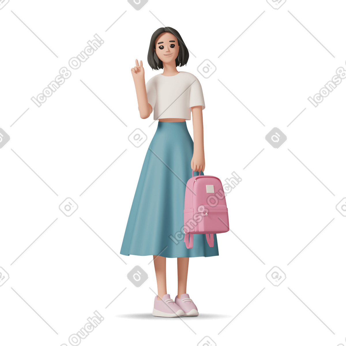 3D Casual life スタイルの Student girl with backpack showing victory sign のイラストをPNG、SVG形式でダウンロード