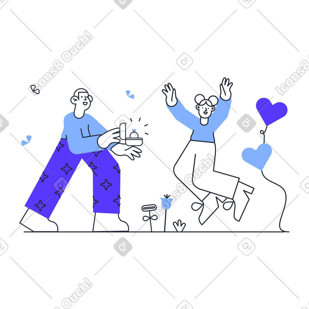 Illustration A man proposing to happy girlfriend dans le style Pablita à télécharger aux formats PNG, SVG