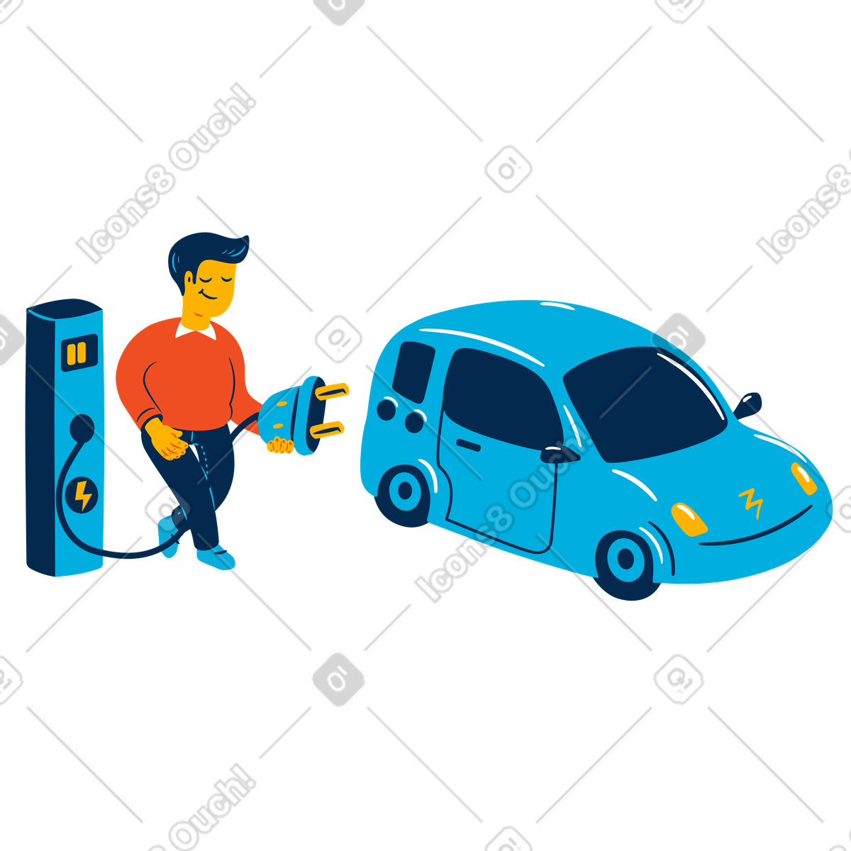 Charging station with electric car, Urban e-mobility and renewable power use illustrazione in stile Flame scarica in PNG, SVG