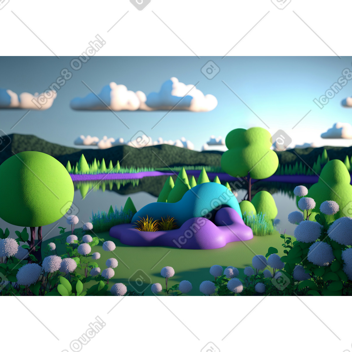 3D fantasy lake background illustration in Experimental style download in PNG, SVG