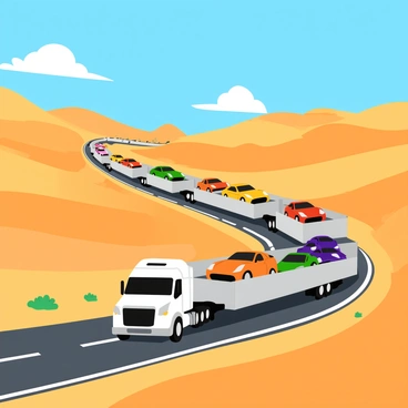 A long convoy of car transport trucks driving along a winding desert highway. Each truck is filled with various colorful cars, visible through the open trailers. The trucks are large and robust, with shiny metallic surfaces reflecting the sunlight. The desert landscape features rolling sand dunes and sparse vegetation, under a bright blue sky dotted with a few fluffy white clouds. The highway stretches into the distance, creating a sense of movement and adventure on this vibrant journey.
