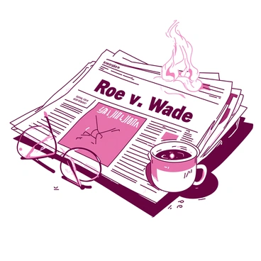 A duotone newspaper featuring the headline "Roe v. Wade" prominently displayed at the top of the page. The newspaper is spread out on a textured surface, with clear and legible text. The surrounding area includes a small stack of additional newspapers, some slightly overlapping, revealing hints of their headlines and photographs. A pair of reading glasses rests beside the newspaper, reflecting light from the surface, and a steaming cup of coffee sits nearby, casting a soft shadow.