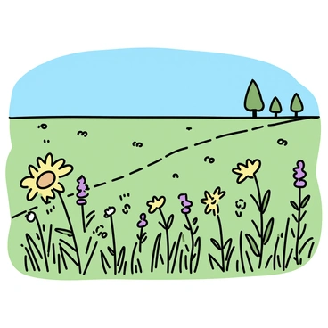A vast meadow filled with a variety of colorful wildflowers, including yellow daisies and purple lupines, scattered among lush green grass. The wildflowers are swaying gently in a soft breeze under a clear blue sky. In the distance, a few trees are positioned along the edge of the meadow. A small path meanders through the flowers, inviting exploration of this tranquil scene.