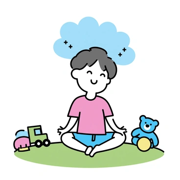 A child with short brown hair sits cross-legged on a green grassy hill. The child is wearing a bright red t-shirt and denim shorts. Surrounding the child are various colorful toys, including a blue teddy bear, a yellow ball, and a green toy truck. The child's eyes are gazing upward, with a slight smile on their face, as if lost in joyful daydreams. The sky above is clear and blue, providing a perfect backdrop for this peaceful scene.