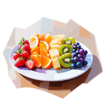 Sliced fruits arranged in a gradient to form a colorful rainbow on a white plate. The arrangement includes vibrant red strawberries, orange slices of tangerine, bright yellow pineapple, green kiwi slices, blue blueberries, and purple grapes. The fruits are neatly organized from one end to the other, showcasing an array of colors in a smooth transition. The plate is placed on a wooden surface, adding a warm touch to the presentation.