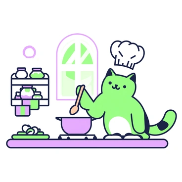 A cat with fluffy fur is standing on a counter in a kitchen. The cat is wearing a white chef's hat that is slightly askew on its head. In front of the cat, there is a large pot on a stovetop, and the cat is playfully stirring the pot with a wooden spoon held in its paw. Surrounding the cat are various kitchen items, including a spice rack filled with jars, a cutting board with chopped vegetables, and a colorful dish towel draped nearby. A window in the background casts a soft light over the scene.