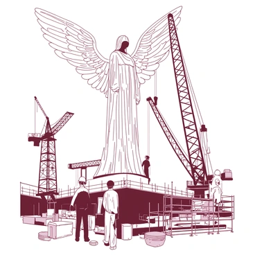 A vintage illustration features the "Angel of the North" under construction, with intricate details showcasing its large wings and towering figure. Surrounding the angel, several workers wearing hard hats are actively engaged in their tasks, while cranes are positioned in the background, lifting heavy sections of steel. The setting includes scaffolding surrounding the statue, emphasizing the scale of the project. The sky is a muted tone, casting a nostalgic ambiance over the scene.
