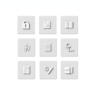 A grid layout consisting of multiple square illustrations arranged evenly. Each square features a unique icon representing different usage rights. The icons include a simple lock symbol for "copyright," an open book for "public domain," a pencil and paper for "creative commons," and a dollar sign for "commercial use." The background of each illustration is in subtle shades to provide contrast to the icons, ensuring clarity and visibility. The overall grid is neatly organized, with equal spacing between each square, creating a cohesive and informative visual representation.