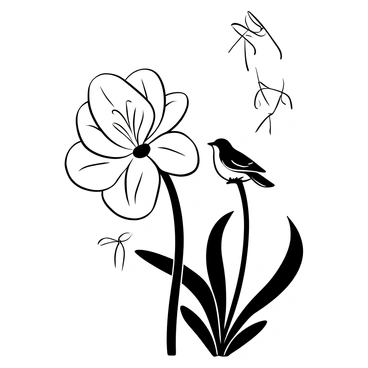 A sparrow perched on a slender stem with delicate leaves, next to a blooming white lily. The lily is fully open, showcasing its large, intricate petals surrounding a cluster of stamens. The background features soft, flowing lines that suggest a gentle breeze, enhancing the serene setting. The sparrow is small, with detailed feathers, while the lily stands prominently beside it, creating a balanced composition.