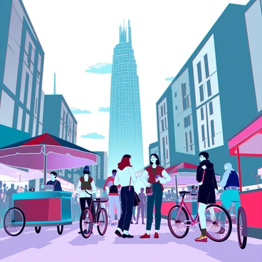 A bustling city street filled with people of diverse ethnicities and styles. Some are talking, others are commuting, while street vendors sell food from colorful carts. A group of cyclists weave through the crowd. In the background, a towering, iconic landmark stands prominently, its unique architectural features clearly visible. The sky above is clear, with a few clouds, and the sunlight casts dynamic shadows on the pavement.