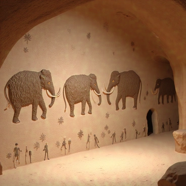 A prehistoric cave wall, rugged and textured, displaying a series of large, detailed "mammoth" paintings in earthy tones of brown and ochre. The images of the "mammoths" showcase their long tusks and shaggy fur, with some figures appearing in motion as if they are part of a hunting scene. Surrounding the mammoths, there are smaller depictions of "hunting figures" wielding spears, all rendered with simple yet expressive lines. The cave's interior is dimly lit, with shadows enhancing the depth of the wall and highlighting the ancient artistry.