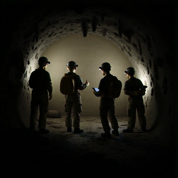 A group of four explorers inside a dark cave, wearing headlamps that illuminate their faces. Two of the explorers are examining the walls closely, revealing ominous markings that seem to depict ancient symbols and figures. One explorer holds a flashlight, casting shadows that enhance the unease of the scene, while another takes notes in a small notebook. The cave's rocky walls are damp and uneven, with stalactites hanging from the ceiling. There are echoes of dripping water in the background, adding to the suspenseful atmosphere.