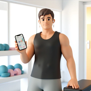 A person, wearing a black tank top and grey shorts, is standing in a brightly lit gym. They are holding a smartphone in their right hand, displaying a "fitness app" interface with graphs and metrics showing muscle gains. Their left hand is resting on a weightlifting bench, and they have a focused expression on their face. Various gym equipment, such as dumbbells and resistance bands, is visible in the background. The person has short brown hair and is wearing wireless earbuds.