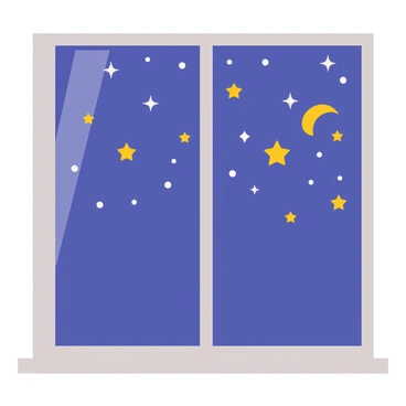 A window with a rectangular shape, made of wooden frames, opens to a clear night sky filled with numerous twinkling stars. The glass of the window is slightly reflective, showing faint outlines of the room's interior. The stars vary in size and brightness, illuminating the dark blue sky with vibrant white and yellow shades. A small crescent moon is visible in the corner of the sky, adding a soft glow to the scene.