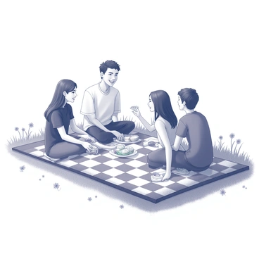 A group of friends sitting on a checkered picnic blanket spread across a grassy field. A slowboy is seated comfortably, surrounded by his friends, all engaged in conversation and laughter. Various snacks, such as sandwiches and fruit, are laid out on the blanket. Some friends are reaching for snacks while others are leaning back, clearly enjoying the moment. The grassy field extends in all directions, dotted with wildflowers, creating a joyful atmosphere.