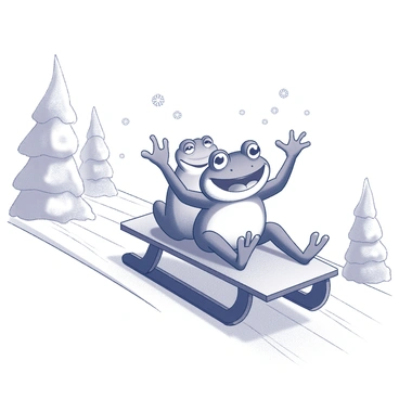 A frog and a toad are sitting on a wooden sled as they slide down a steep snowy hill. The frog is in the front, its arms raised in excitement, while the toad is behind, holding onto the frog's shoulders. Both creatures have wide smiles on their faces, and their eyes are filled with joy. Snowflakes are falling gently around them, and the hill is covered with a thick layer of soft snow. In the background, there are snow-covered trees framing the scene, adding to the winter atmosphere.