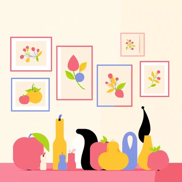 A gallery wall featuring a collection of "birne"-themed artworks. There are multiple framed paintings showcasing "birne" in vibrant colors, each depicting the fruit in different styles, such as realistic, abstract, and playful interpretations. In front of the wall, several "birne"-themed sculptures are displayed, crafted from various materials like wood and metal. The sculptures represent the fruit in different sizes and forms, some realistic and others stylized. The lighting highlights the details of each piece, creating a warm and inviting atmosphere in the gallery.
