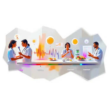 A timeline poster illustrating the progression from "diagnosis" to "treatment" of heart failure. The left side of the poster displays a section labeled "Diagnosis" with key elements such as a doctor examining a patient with a stethoscope, an electrocardiogram (ECG) displaying heart activity, and a close-up image of a blood test being conducted. As the timeline progresses towards the center, there are symbols representing various stages such as lifestyle changes, medication, and regular check-ups. The right side of the poster features the "Treatment" section, showcasing a healthcare professional discussing a treatment plan with the patient, a heart-healthy meal, and exercise activities like walking or cycling. Each section is visually distinct yet cohesive, with arrows connecting each stage of the timeline.