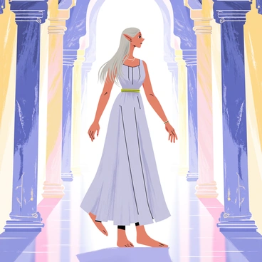 A tall, elegant elf with long silver hair is walking gracefully through a palace made of shimmering light. The palace has tall, intricately designed columns that sparkle with a soft glow. Each corner of the palace reflects a different hue, creating a kaleidoscope of colors on the smooth, polished floors. The walls are adorned with delicate patterns that seem to dance in the light, enhancing the ethereal atmosphere. Galadriel wears a flowing gown that shimmers like the stars, and her calm expression reflects wisdom and serenity.