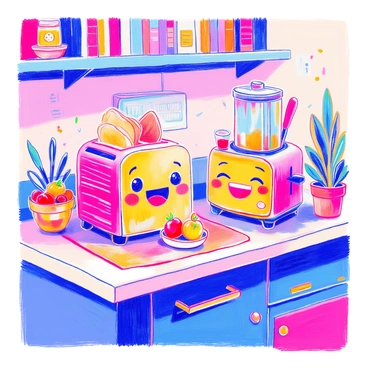 A cheerful kitchen scene features a smiling toaster with bright, expressive eyes and an open mouth, showcasing its friendly personality. Beside it, a winking blender has a playful expression, with one eye closed and a big grin. The appliances are situated on a countertop adorned with colorful utensils, a bowl of fresh fruit, and a small potted plant. The background includes shelves filled with jars and cookbooks, enhancing the lively atmosphere of the kitchen.