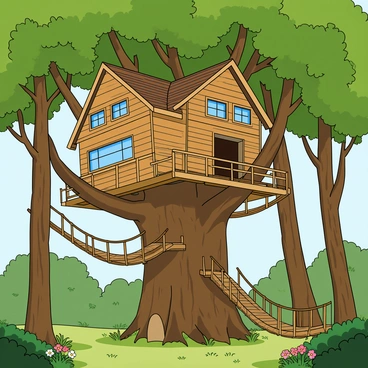A giant treehouse built among tall, green trees with thick trunks, nestled in a vibrant forest. The treehouse has multiple levels made of wooden planks, featuring large windows and a shingled roof. Connected to the treehouse are several rope bridges swinging gently between the trees, made from sturdy ropes and wooden planks. Lush green foliage surrounds the treehouse, and rays of sunlight filter through the leaves, casting playful shadows on the ground below. There are colorful flower patches at the base of the trees, adding pops of color to the earthy tones of the scene.