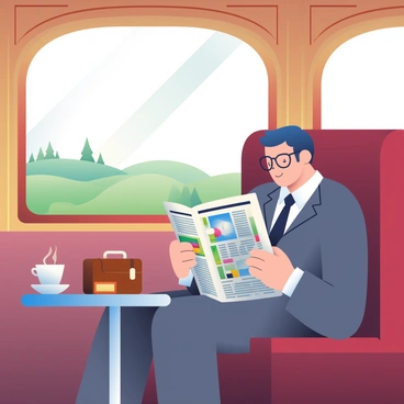 A man with short, dark hair and glasses is sitting in a plush, vintage train carriage, reading a newspaper. He is wearing a grey suit with a white shirt and a dark tie. Sunlight streams through the large, arched windows, illuminating the wooden paneling of the carriage. The train seats are upholstered in a rich burgundy fabric. A small table beside him holds a steaming cup of tea and a leather briefcase. The newspaper features headlines and images related to mathematics and technology. Outside the window, a scenic landscape of rolling green hills and distant trees passes by.