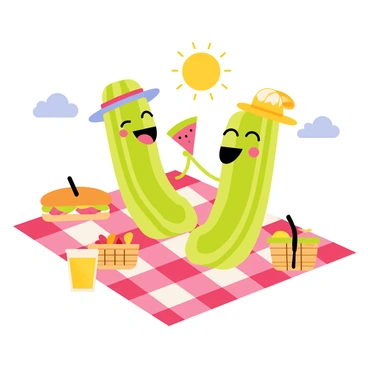 Two anthropomorphic celery sticks are sitting on a red-and-white checkered picnic blanket. They are wearing colorful hats, one green and one yellow, and have big smiling faces. Around them, there are various picnic foods like a sandwich, a fruit basket, and a pitcher of lemonade. They are laughing and reaching for a slice of watermelon in the center, with the sun shining brightly in the background and a few fluffy clouds in the sky.