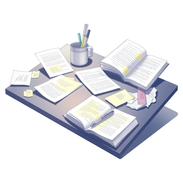 A desk cluttered with handwritten notes and highlighted quotes from various books