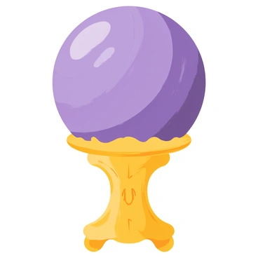 A crystal ball made of pure amethyst, featuring a smooth, translucent surface, is positioned on an elaborate, ornate stand with intricate carvings and patterns. The stand is gold-colored, accentuating its elegance and beauty. The amethyst crystal ball emits a soft, warm inner light, creating a gentle glow that enhances the rich purple hues of the crystal. The setting is minimalistic, allowing the focus to remain on the captivating crystal ball and its ornate stand.