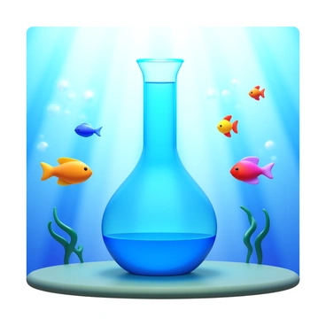 A glass flask sitting on the ocean floor. The flask is filled with clear water reflecting light. Colorful fish of various species swim around the flask. Bubbles rise from the flask and the fish, creating a dynamic underwater effect. The scene is illuminated by shafts of light filtering down from the surface of the water.