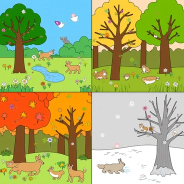 A vibrant forest scene showcasing the transition of seasons, divided into four distinct sections. In spring, there are blooming flowers and trees with new leaves. A family of rabbits is playfully hopping around, and colorful butterflies flutter through the air. In summer, the trees are lush and green, with a few squirrels scampering along the branches. Birds are building nests, and a deer is drinking from a small stream. In autumn, the leaves are a mix of orange, red, and yellow, with a group of playful foxes chasing each other among the fallen foliage. Finally, in winter, snow blankets the ground, and a pair of owls perch on a snow-covered tree branch, while a few rabbits leave tracks in the snow. The sky transitions from bright blue in spring to a crisp winter gray.