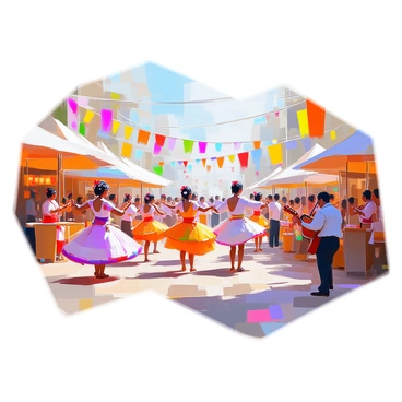 A vibrant festival scene showcasing a confederation's diverse cultures is depicted in full swing. Colorful banners and flags representing various cultures are hung throughout the area. Groups of dancers in traditional costumes are performing energetic dances, their outfits adorned with intricate patterns and bright colors. Musicians are playing a variety of instruments, creating a lively atmosphere filled with rhythm. There are stalls featuring traditional foods and crafts, with attendees enjoying the festivities. The background is bustling with people celebrating together, capturing the spirit of unity and diversity.