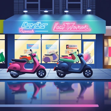 A moped showroom lit up at night with glowing neon signs and reflections on the pavement