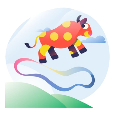 A colorful kite in the shape of a bull is soaring high in the sky against a backdrop of soft, fluffy clouds. The bull-shaped kite features vibrant red and yellow patterns on its body, with black accents highlighting its features such as the horns and eyes. The tail of the kite is long and flowing, trailing behind it like a ribbon. Below, a lush green landscape is visible, contrasting with the blue sky. The sunlight glimmers off the kite's surface, creating a dazzling effect as it dances in the wind.