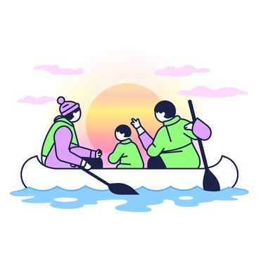 An Inuit family is inside a canoe on calm water. The canoe is pointed towards a sunset that fills the sky with colorful gradients. The family consists of a mother, father, and two children, all wearing traditional Arctic clothing. The mother is paddling gently while the father sits in the rear, holding a paddle. The children are visible beside them, one animatedly pointing at something in the distance. The water reflects the light from the sunset, creating a shimmering effect. The silhouettes of the family and canoe are prominent against the vibrant sky.