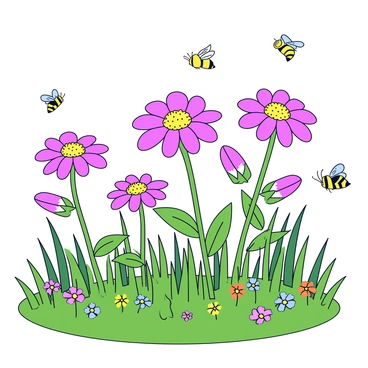 A cluster of vibrant pink echinacea flowers with prominent petals and a central cone. The flowers are surrounded by tall green grass gently swaying in the breeze. Various small insects, including butterflies and bees, are fluttering around the flowers, adding movement to the scene. The field appears lush and wild, with patches of colorful wildflowers interspersed among the echinacea. The sky above is clear, allowing natural light to illuminate the flowers and insects.