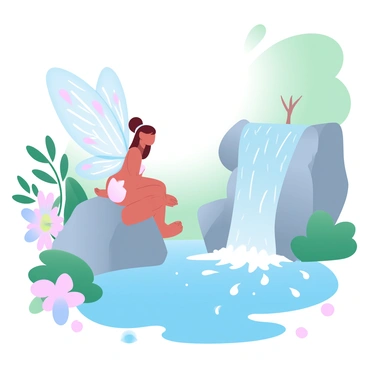 A fairy with translucent wings is perched gracefully on a rock beside a waterfall. The wings are delicately patterned, reflecting light and creating a colorful shimmer. The waterfall cascades down into a serene pool below, sending up a mist that causes water droplets to sparkle in the air. Surrounding the waterfall are lush green plants and colorful flowers, enhancing the vibrant scene. Sunlight filters through the trees above, adding a gentle glow to the entire setting.