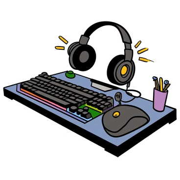 A detailed illustration of gaming gear on a sleek desk setup. A high-end mechanical keyboard with customizable RGB lighting is prominently displayed, showing colorful keys and a polished surface. Next to it, a gaming mouse with an ergonomic design and glowing accents rests, featuring multiple buttons for quick access. Above, a stylish gaming headset with plush ear cushions and a flexible microphone is positioned, showcasing its adjustable headband. The background includes subtle hints of gaming-themed decorations, enhancing the overall atmosphere of an advanced gaming environment.