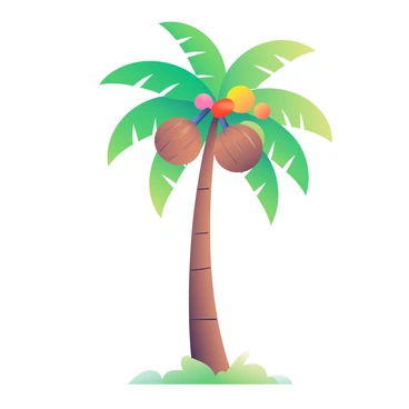 A whimsical palm tree with a tall, slender trunk stands prominently in the center. The tree's branches extend outwards, adorned with bright green fronds that sway slightly. Several large, brown coconuts hang from the branches, their rough shells contrasting with the smooth, vibrant skin of colorful fruits scattered throughout the foliage. These fruits include red, yellow, and orange variations, adding a lively splash of color to the scene. The ground beneath the palm tree is covered in soft green grass, enhancing the tropical atmosphere.