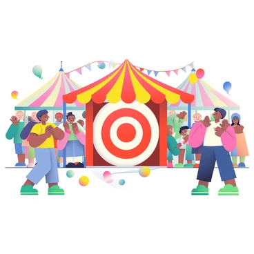 A bustling carnival scene is filled with colorful tents and joyful visitors. In the foreground, there is a game booth with a bright red and yellow striped canopy. The booth features a giant fluffy bullseye target that is soft and inviting, prominently displayed at the back. Surrounding the target are several small, vibrant balls in assorted colors, ready for tossing. Children and adults are gathered around, some eagerly taking turns to throw the balls while others cheer and clap. The atmosphere is lively with balloons and streamers decorating the area, adding to the festive ambiance.